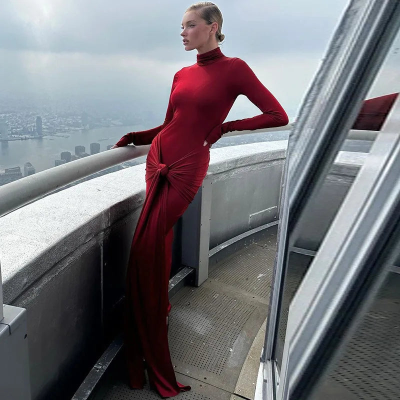 Hawthaw Women 2024 Spring Autumn Fashion Long Sleeve Party Club Streetwear Bodycon Red Long Dress Wholesale Items For Business