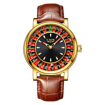 LIGE Fashion Leather Men Lucky Watch Rotating Dial Las Vegas Roulette Desktop Lucky Watch Men Waterproof Luminous Clock Watches