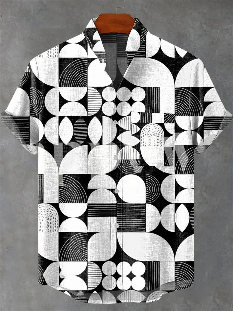 Men's Linen Batik Shirt Retro Short Sleeved Top Fashionable Summer Casual Ethnic Clothing Shirt Plus Size Streetwear