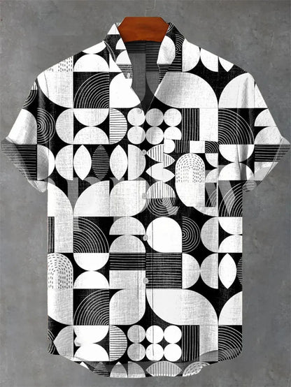 Men's Linen Batik Shirt Retro Short Sleeved Top Fashionable Summer Casual Ethnic Clothing Shirt Plus Size Streetwear