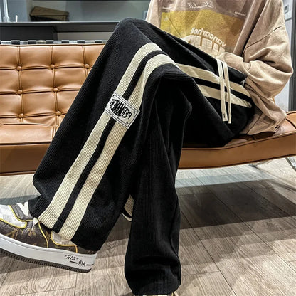 Spring Autumn Men's Corduroy Pants American Style Loose Fit Casual Striped Letter Straight Leg Couple Bell Bottoms Trendy New Mo
