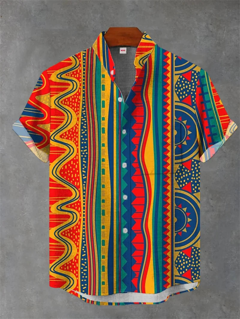 Men's Linen Batik Shirt Retro Short Sleeved Top Fashionable Summer Casual Ethnic Clothing Shirt Plus Size Streetwear