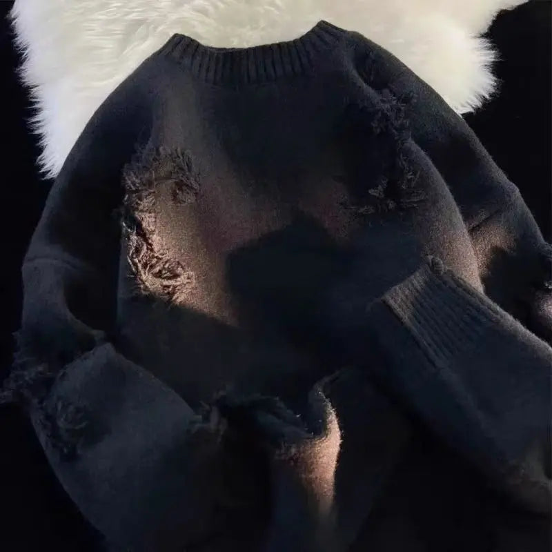 2023 New Autumn and Winter American Style Niche Design Sense Round Neck Tassel Hole Loose Casual Oversized Men's Knitted Sweater