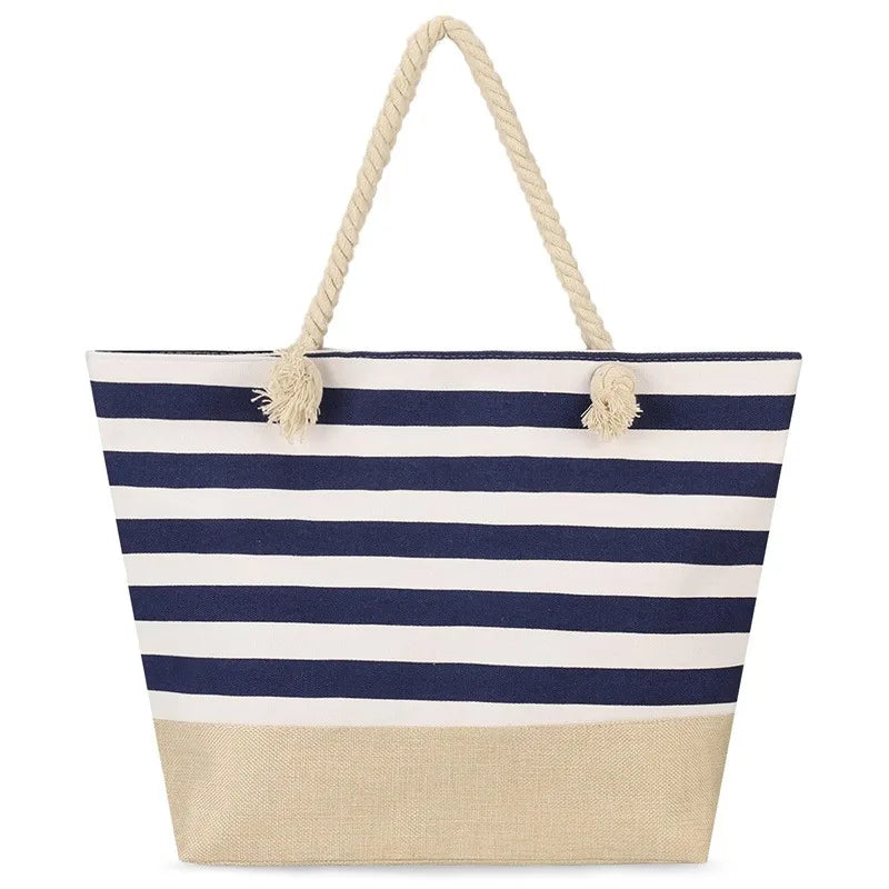 Striped Zipper Outer Bag For Outdoor Travel Vacation Waterproof Canvas Shoulder Bag Convenient Folding Beach Bag Shopping Totes