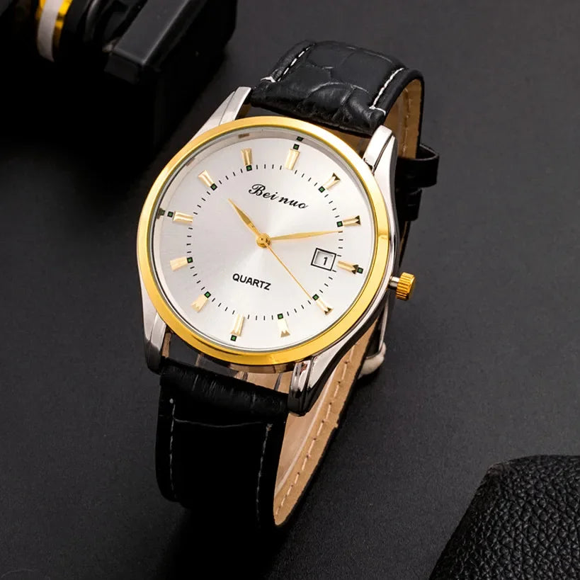 Classic Men‘s Quartz Watch with Calendar Fashion Metal Dial Leather Strap Man Watch Casual Business Male Clock montre homme