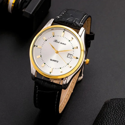 Classic Men‘s Quartz Watch with Calendar Fashion Metal Dial Leather Strap Man Watch Casual Business Male Clock montre homme