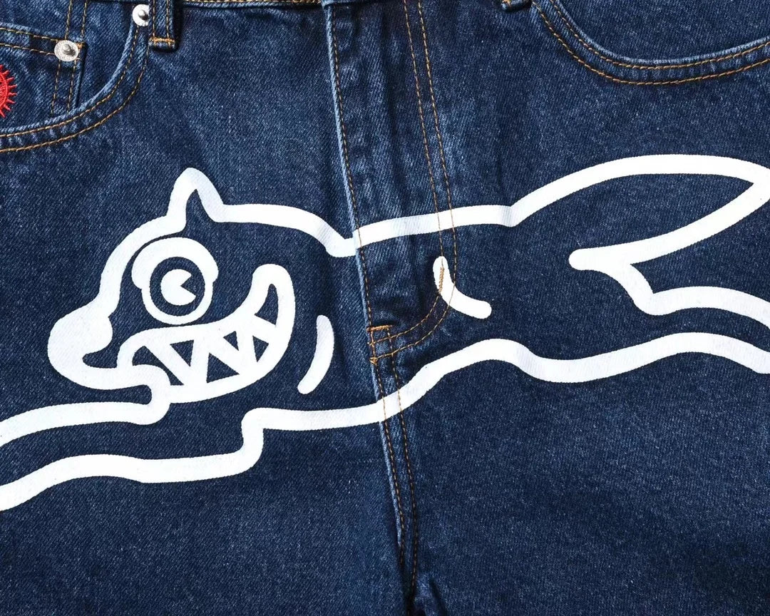 Top quality Icecream Jeans Men Trendy Elastic Edged Middle Pants Running Dog Embroidery Washed Denim Shorts Brands Pants