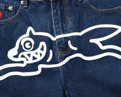 Top quality Icecream Jeans Men Trendy Elastic Edged Middle Pants Running Dog Embroidery Washed Denim Shorts Brands Pants
