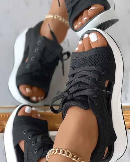 Summer Women Sandales  Shoes Casual Flat Peep Toe Contrast Paneled Cutout Lace-up Muffin Sandals Platform Sport Sneakers