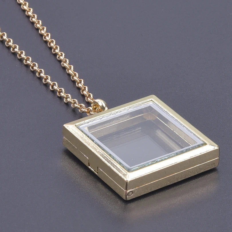 Glass Metal Gold Color Heart Round Water Drop Relicario Photo Locket Necklace Rhinestone Floating Charm O-shaped Chains Necklace