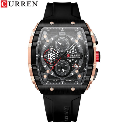 CURREN New Fashion Square Dial & Silicone Strap  Mens Watches Luxury Sport Waterproof Watch Man Chronograph Quartz WristWatches