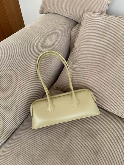 Modern Fashion Magnetic Attraction Clip Bowling Tote Light Yellow Cow Leather Women Handbag Long Handle Armpit Shoulder Bag