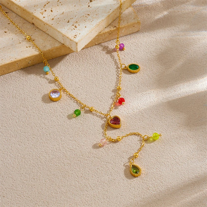 DIEYURO 316L Stainless Steel Color Zircon Heart Round Water Drop Tassel Pendant Necklace Women New Fashion Neck Chain Jewelry