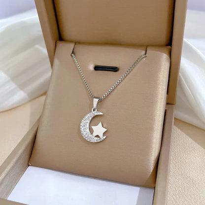 OIMG Titanium Steel No Rust Inlay Cubic Zirconia Stone Moon Star Pendant Necklace for Women Dainty Charm Girls clavicle Necklace