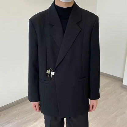 2025 Men's Korean Style Spring Casual Suit Jacekt Metal Buckle Male Loose  Male Solid Color Blazers Harajuku Long Sleeve Coats