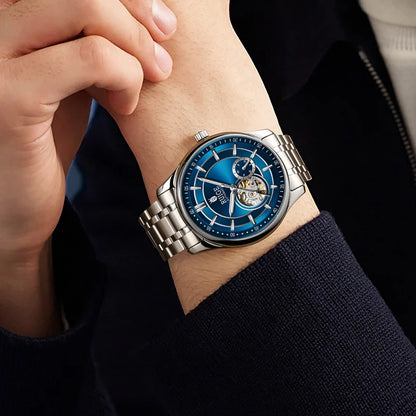 Men's Automatic Mechanical Watch - Elegant Stainless Steel, Calendar Function, Business and Leisure Style, Blue Dial and Date Wi