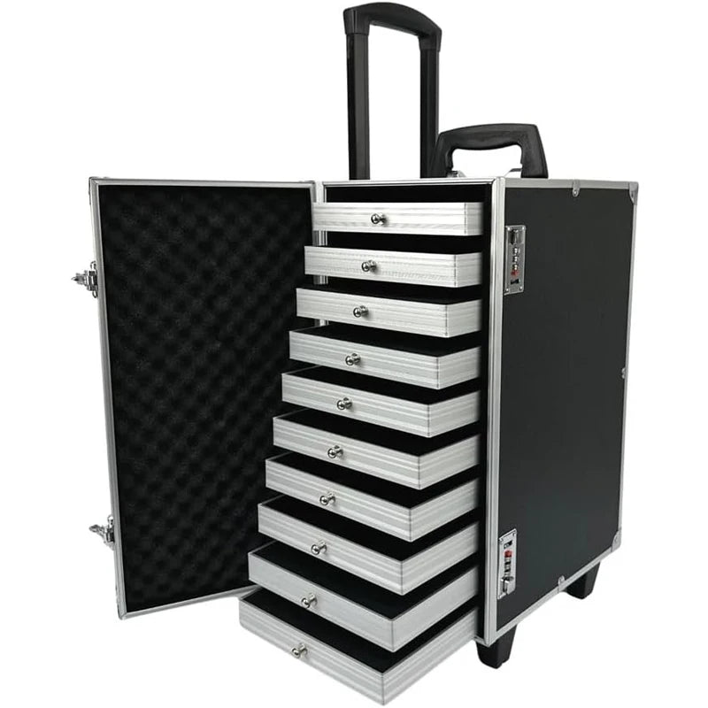 Black Rolling Jewelry Trolley Case with 10 Different Styles of Drawer Trays,  for Travel and Vendor Display Jewelry Set Props