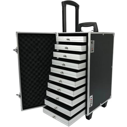 Black Rolling Jewelry Trolley Case with 10 Different Styles of Drawer Trays,  for Travel and Vendor Display Jewelry Set Props