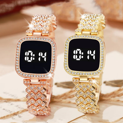 2PCS Watch Set Fashion Alloy Women's Shiny Square Rhinestones LED Digital Touch Watch 27576569047