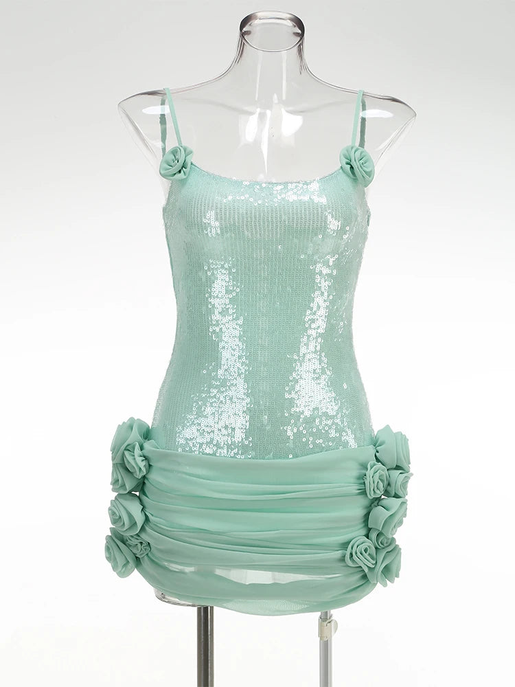 Sexy Spaghetti Strap Backless Prom Dresses for Women Luxury 2025 Summer Sequins Flower Lace-up Pleated Mini Dress Elegant Gowns