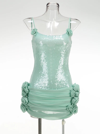 Sexy Spaghetti Strap Backless Prom Dresses for Women Luxury 2025 Summer Sequins Flower Lace-up Pleated Mini Dress Elegant Gowns