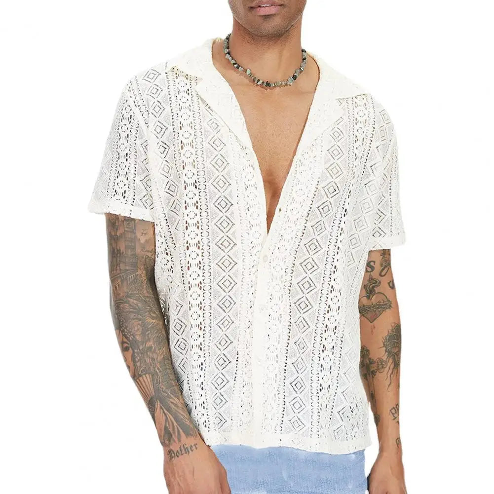 Summer Men Shirt Solid Color Hollow Out Lapel Short Sleeves Single-breasted Men Top Loose Mid-length Lace Male T-shirt
