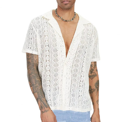 Summer Men Shirt Solid Color Hollow Out Lapel Short Sleeves Single-breasted Men Top Loose Mid-length Lace Male T-shirt