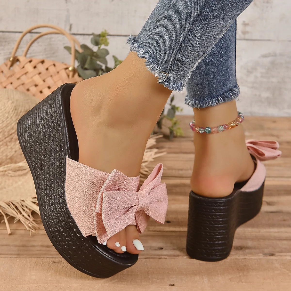 Platform Bowknot High Heels Slippers Women's Wedding Shoes Summer 2025 Casual White Black Slides Ladies Beach Pantuflas De Mujer