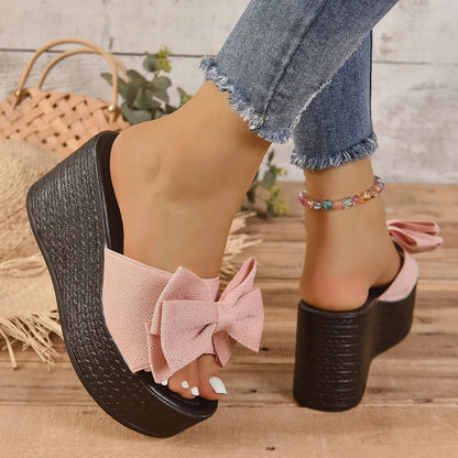 Platform Bowknot High Heels Slippers Women's Wedding Shoes Summer 2025 Casual White Black Slides Ladies Beach Pantuflas De Mujer