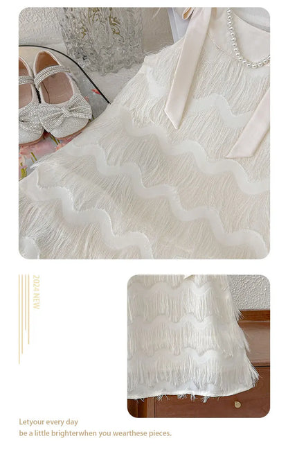Girls Casual Dresses Fringe Bow Princess Dress Sleeveless Halter Dress for Kids White Princess Dress for Girls 2 To 7 Years