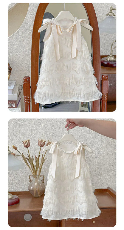 Girls Casual Dresses Fringe Bow Princess Dress Sleeveless Halter Dress for Kids White Princess Dress for Girls 2 To 7 Years