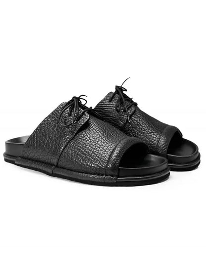 Summer Fashion Mens Lace Up Open Toe Cowhide Genuine Leather Slippers Casual Outside Beach Shoes Rome Flats Soft Platform Slides
