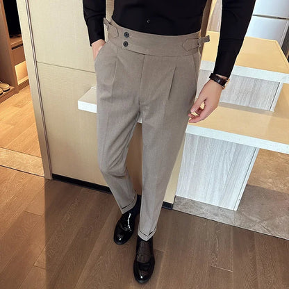 Autumn Winter High Waist Business Dress Pants Men Casual Belt Design Slim Suit Pants Formal Wedding Social Party Male Trousers