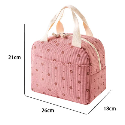 1pc Corduroy Insulation Lunch Bag Portable Hand-held Bento Bag Large Capacity Flower Strawberry Patterned Outdoor Picnic Bag