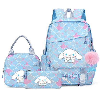 3Pcs Cinnamoroll Fish Scale Kid Backpack With Mermaid Pendant Lunch Girl School Bag Children Schoolbag For Teenage Girls