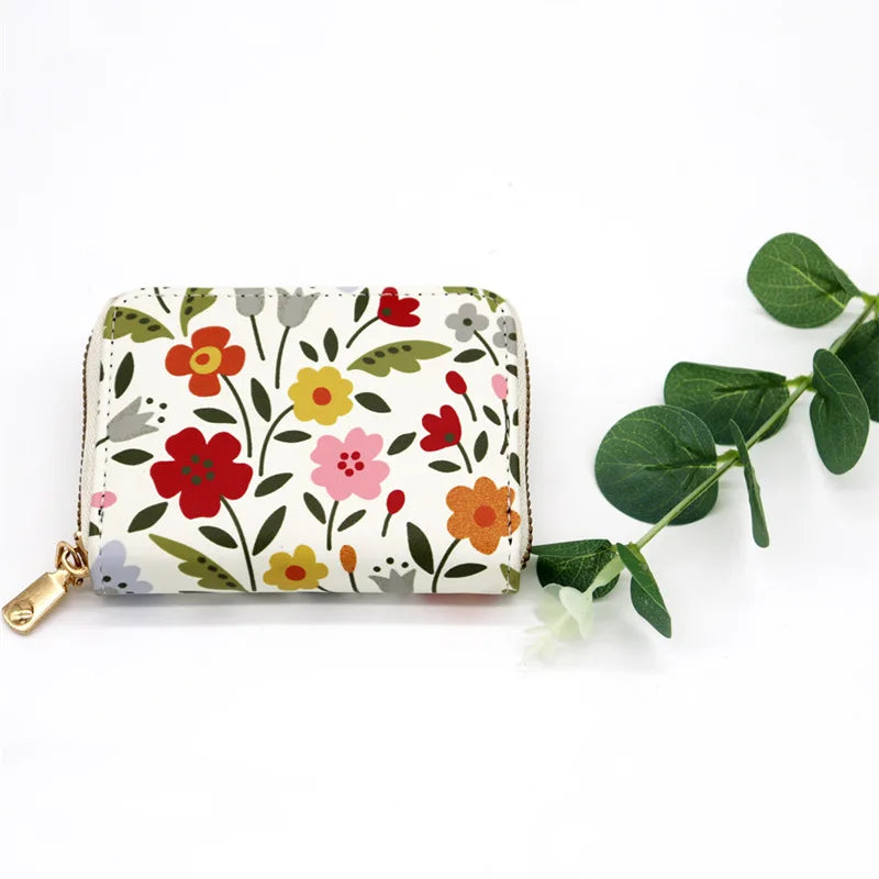 Fashion Flower PU Coin Purse for Women Cute Organ Card Case Lady Credit Card Holder Multifunctional Zipper Small Short Wallet