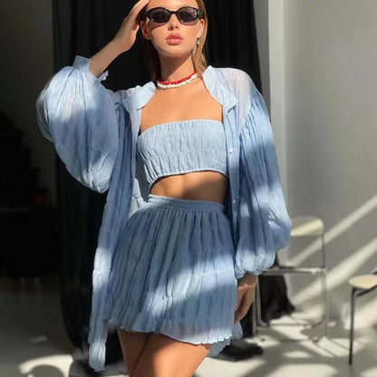 2024 Summer Casual Loose Green 3 Piece Sets Women Outfit Fashion Long Sleeve Top + Tube Top Matching High Waist Shorts Set New