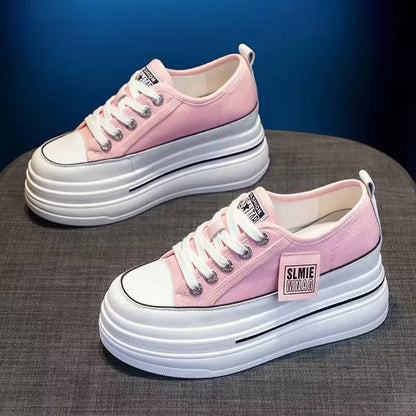Casual Canvas Shoes 2024 New Women's Solid Color Thick Sole Sports Wedge Heel Height Increasing Breathable Vulcanized Women's