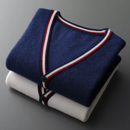 Autumn And Winter New Men's Cashmere Sweater V-Neck Color Contrast Long-Sleeved Cardigan Loose Large Coat 100 Pure Wool Knitting