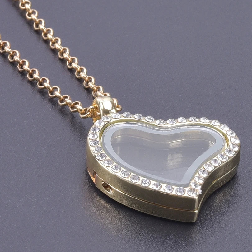 Glass Metal Gold Color Heart Round Water Drop Relicario Photo Locket Necklace Rhinestone Floating Charm O-shaped Chains Necklace
