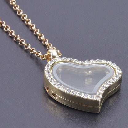 Glass Metal Gold Color Heart Round Water Drop Relicario Photo Locket Necklace Rhinestone Floating Charm O-shaped Chains Necklace