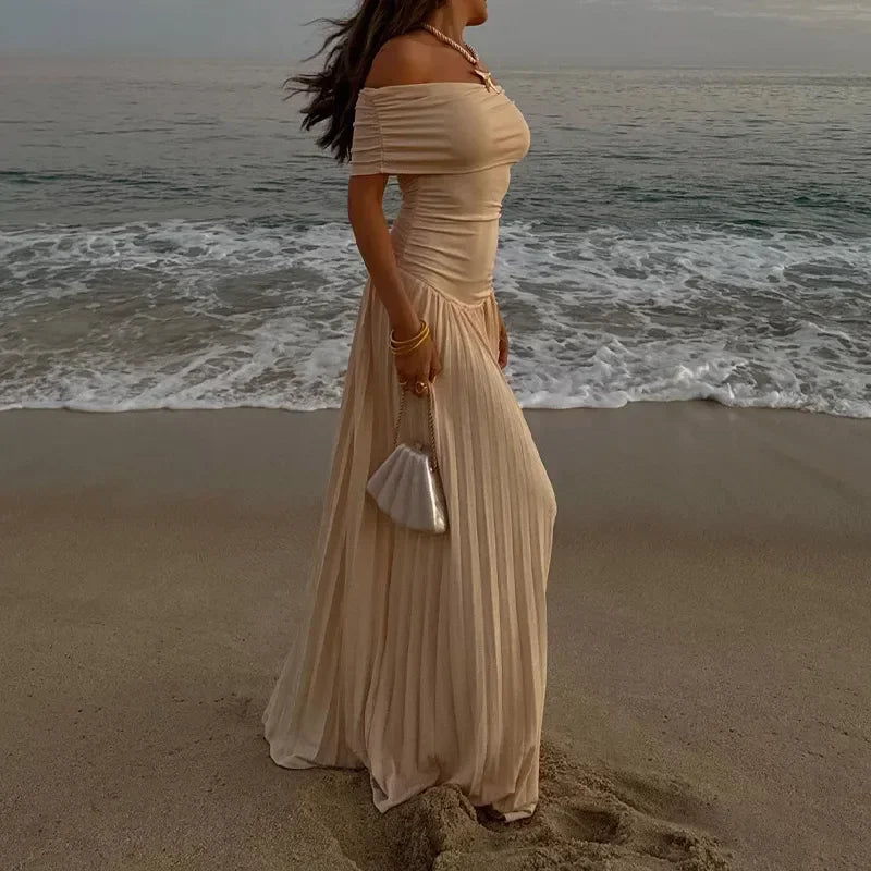 Elegant scoop neck pleated dress for women, slim party dresses for women, educational fashion, chic, summer, 2025