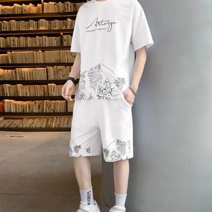 Summer New Fashion Trend Printed Short Sleeve Shorts Set Men's Casual Loose Sports Breathable High Quality Two-Piece Set M-5XL
