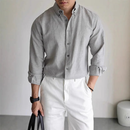 Mens American Cotton Linen Work Shirt Slim Fit Breathable Long Sleeve Business Casual Shirt Linen Sun Protection Shirt