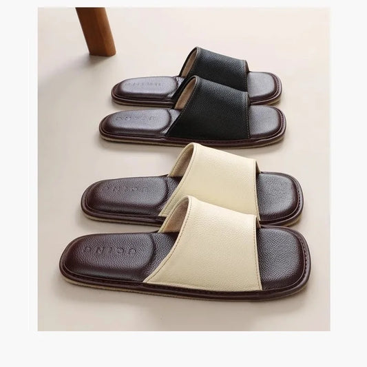New Genuine Leather Slippers Men Square Open Toe Slides Shoes Home Mute Slippers Man Luxury Top Quality Guest Slipper Cowhide