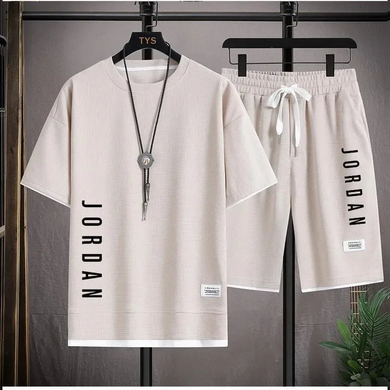 Leisure sports suit men's new summer fashion outdoor basketball jogging men's round neck short-sleeved T-shirt shorts 2 sets