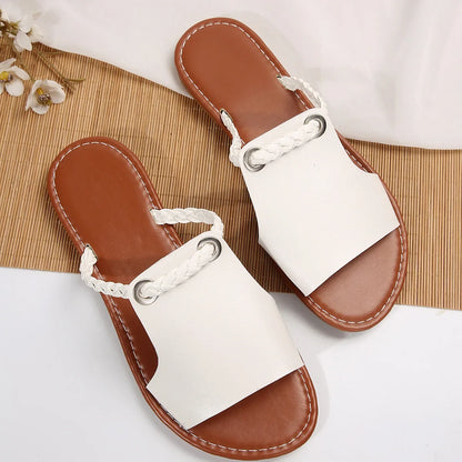 Women's Peep Toe Flat Slides, Casual Faux Leather Slip On Shoes, Lightweight Beach Slide Sandals