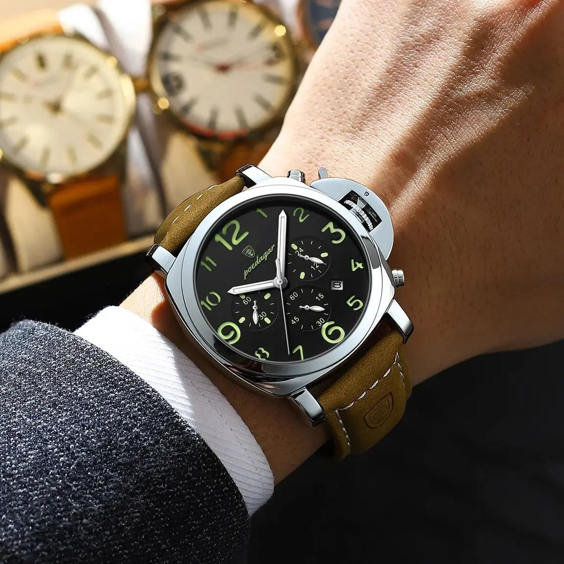 POEDAGAR Fashion Luxury Men Wristwatch Waterproof Luminous Chronograph Date Man Watch Unique Sports Leather Quartz Men's Watches