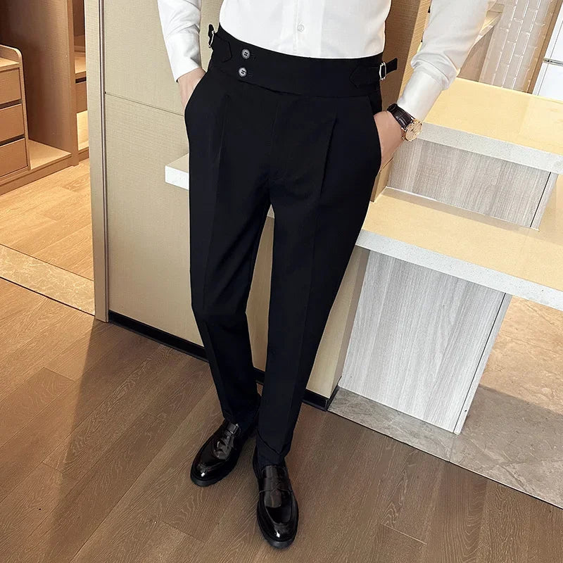 Autumn Winter High Waist Business Dress Pants Men Casual Belt Design Slim Suit Pants Formal Wedding Social Party Male Trousers