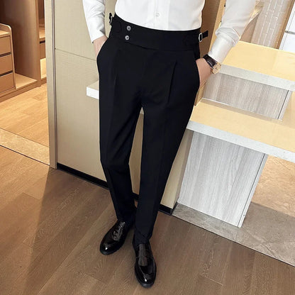 Autumn Winter High Waist Business Dress Pants Men Casual Belt Design Slim Suit Pants Formal Wedding Social Party Male Trousers